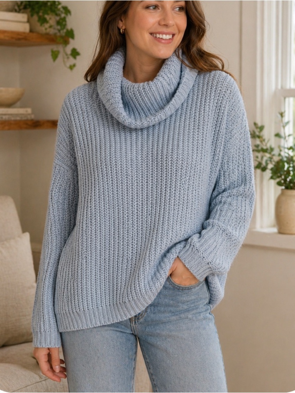 Haven Well Within Cozy Light Blue Cowl Neck Chunky Knit Sweater